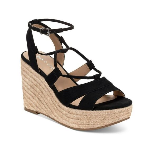 Sun + Stone Shoes - Sun + Stone Black Tiinsley Strappy Espadrille Platform Wedge Sandal 10 NWT